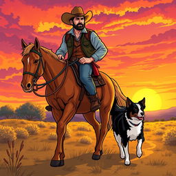 A fantasy comic-style illustration of a cowboy riding a horse, accompanied by a dog walking alongside