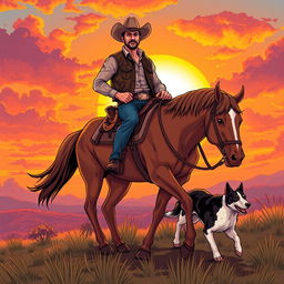 A fantasy comic-style illustration of a cowboy riding a horse, accompanied by a dog walking alongside