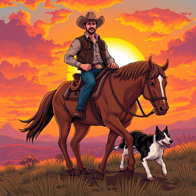 A fantasy comic-style illustration of a cowboy riding a horse, accompanied by a dog walking alongside