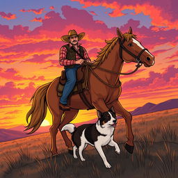 A fantasy comic-style illustration of a cowboy riding a horse, accompanied by a dog walking alongside