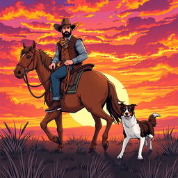 A fantasy comic-style illustration of a cowboy riding a horse, accompanied by a dog walking alongside