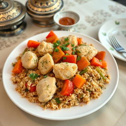 A beautifully arranged plate of upside-down chicken bulgur (مقلوبة دجاج بالبرغل) complete with spiced bulgur wheat, tender pieces of chicken, and vibrant vegetables like carrots and bell peppers