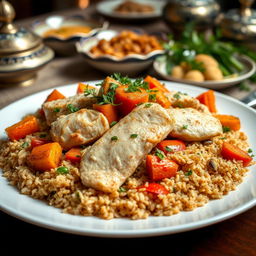 A beautifully arranged plate of upside-down chicken bulgur (مقلوبة دجاج بالبرغل) complete with spiced bulgur wheat, tender pieces of chicken, and vibrant vegetables like carrots and bell peppers