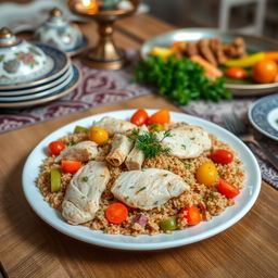 A beautifully arranged plate of upside-down chicken bulgur (مقلوبة دجاج بالبرغل) complete with spiced bulgur wheat, tender pieces of chicken, and vibrant vegetables like carrots and bell peppers