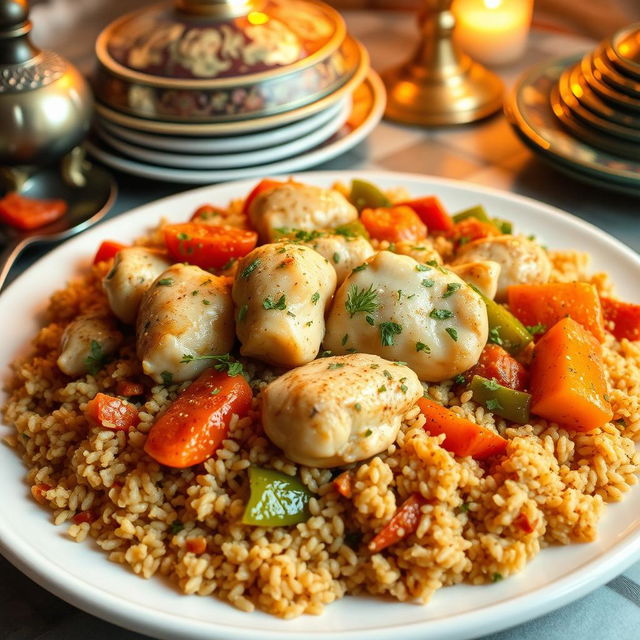 A beautifully arranged plate of upside-down chicken bulgur (مقلوبة دجاج بالبرغل) complete with spiced bulgur wheat, tender pieces of chicken, and vibrant vegetables like carrots and bell peppers