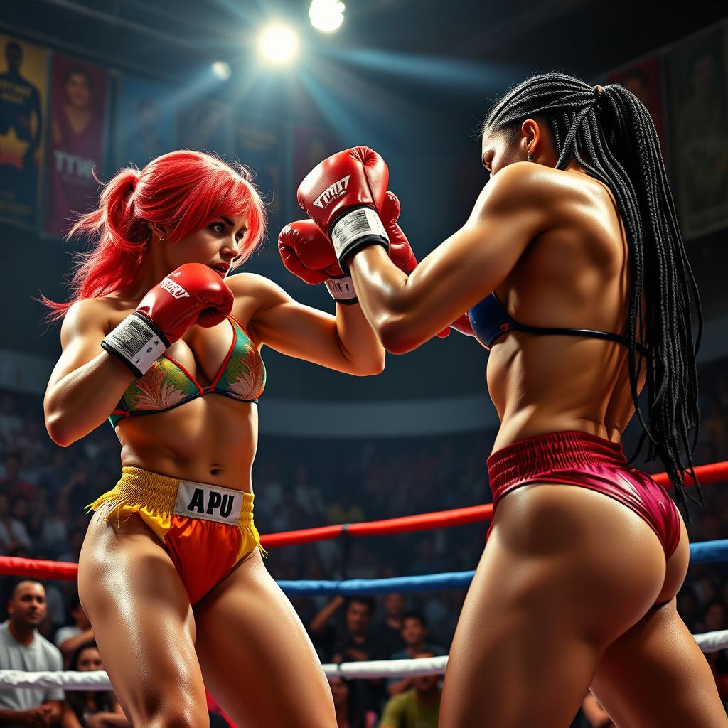 A dramatic scene depicting two muscular female boxers in colorful bikinis engaged in an intense boxing match inside a ring