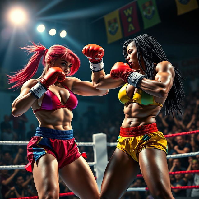 A dramatic scene depicting two muscular female boxers in colorful bikinis engaged in an intense boxing match inside a ring