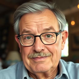 A 60-year-old man with a mustache, a bit of gray hair, and striking green eyes