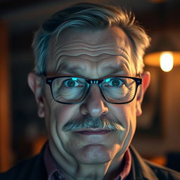 A 60-year-old man with a mustache, a bit of gray hair, and striking green eyes