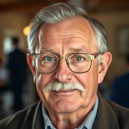 A 60-year-old man with a mustache, a bit of gray hair, and striking green eyes