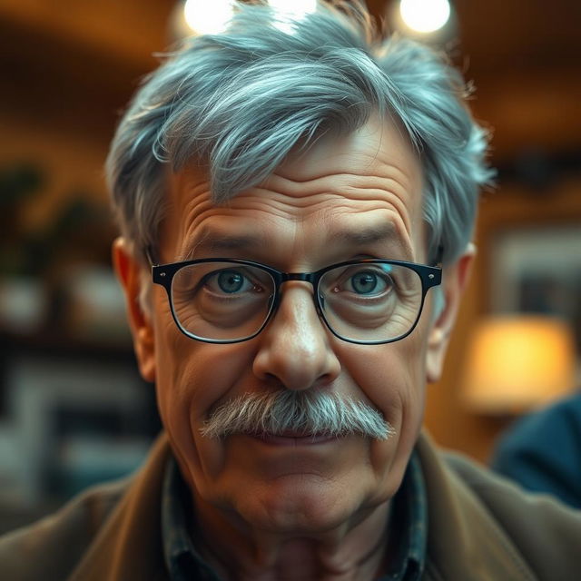 A 60-year-old man with a mustache, a bit of gray hair, and striking green eyes