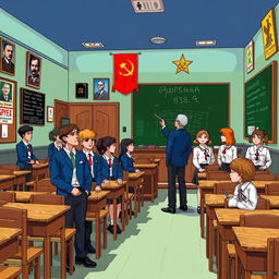 A nostalgic scene of a Soviet school from the 1980s, depicted in a video game style