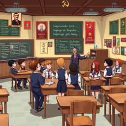 A nostalgic scene of a Soviet school from the 1980s, depicted in a video game style