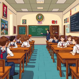 A nostalgic scene of a Soviet school from the 1980s, depicted in a video game style