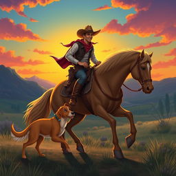 A cowboy riding on a magnificent horse with a loyal dog walking alongside it, set against a vibrant sunset in the background