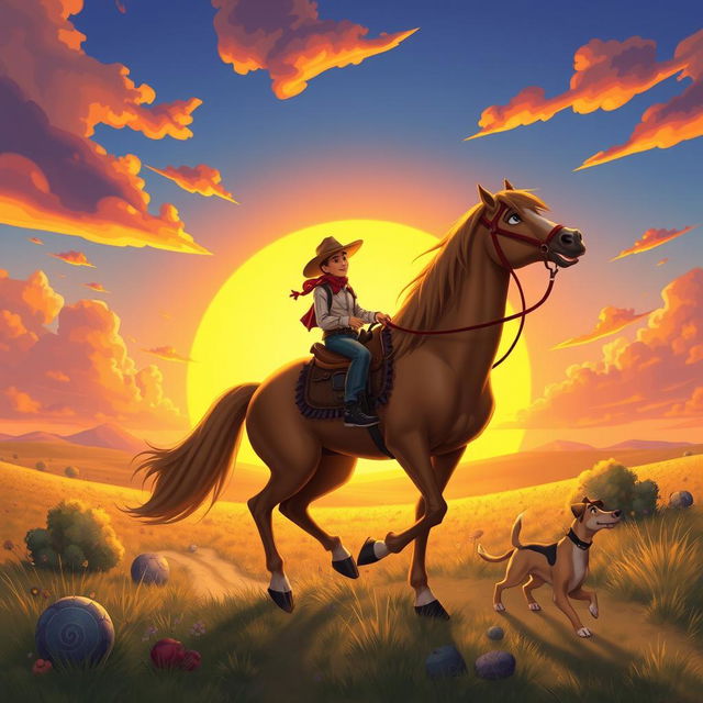 A cowboy riding on a magnificent horse with a loyal dog walking alongside it, set against a vibrant sunset in the background