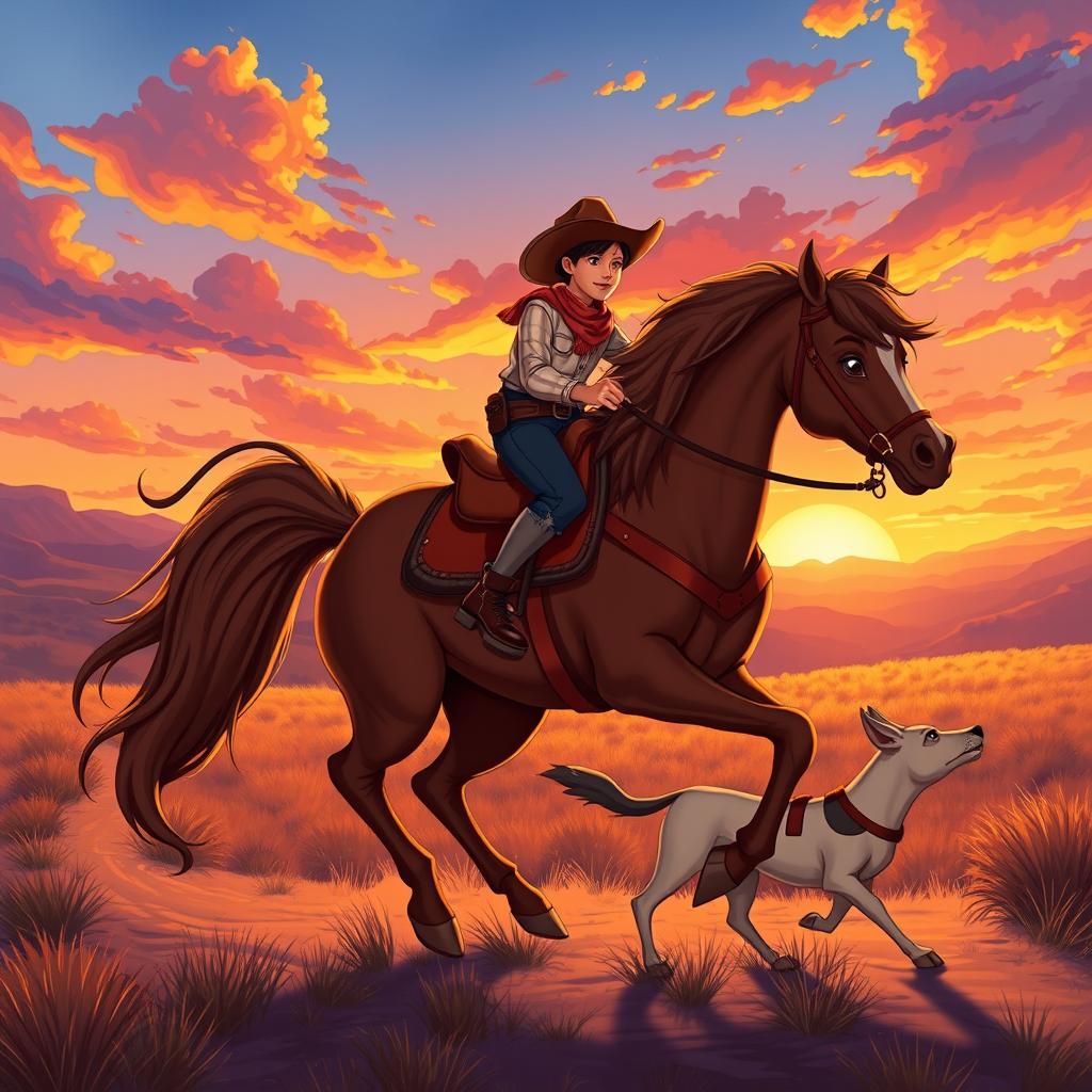 A cowboy riding on a magnificent horse with a loyal dog walking alongside it, set against a vibrant sunset in the background