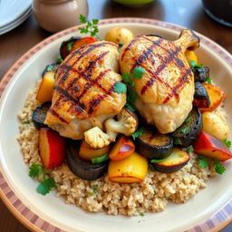 A beautifully arranged dish of 'Maqlooba' featuring layers of bulgur wheat at the bottom, topped with roasted eggplant, cauliflower, and potatoes, with pieces of bone-in chicken perfectly grilled on top