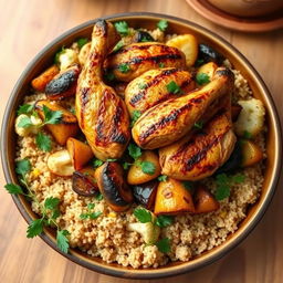 A beautifully arranged dish of 'Maqlooba' featuring layers of bulgur wheat at the bottom, topped with roasted eggplant, cauliflower, and potatoes, with pieces of bone-in chicken perfectly grilled on top