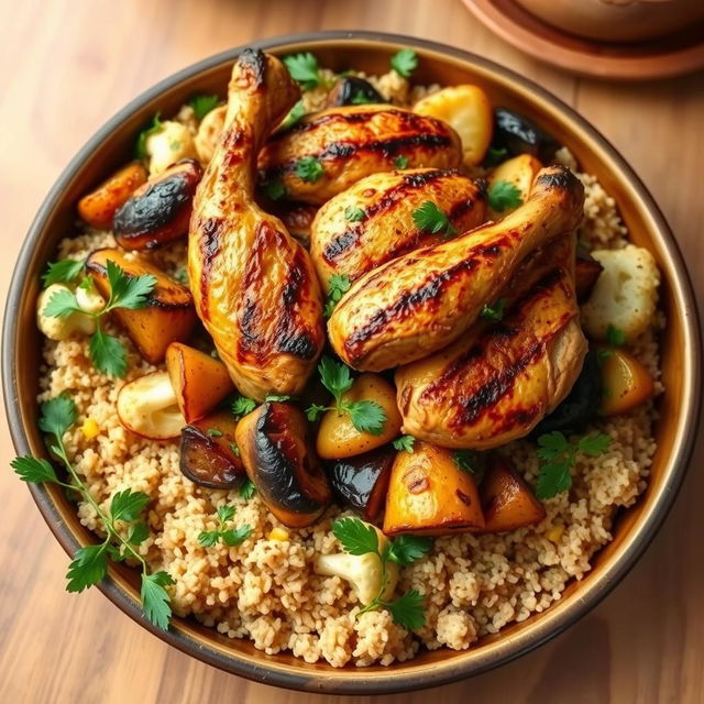 A beautifully arranged dish of 'Maqlooba' featuring layers of bulgur wheat at the bottom, topped with roasted eggplant, cauliflower, and potatoes, with pieces of bone-in chicken perfectly grilled on top