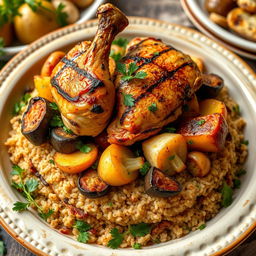 A beautifully arranged dish of 'Maqlooba' featuring layers of bulgur wheat at the bottom, topped with roasted eggplant, cauliflower, and potatoes, with pieces of bone-in chicken perfectly grilled on top