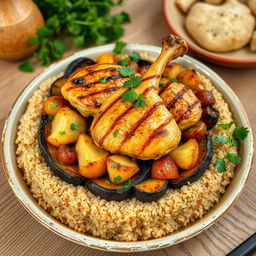 A beautifully arranged dish of 'Maqlooba' featuring layers of bulgur wheat at the bottom, topped with roasted eggplant, cauliflower, and potatoes, with pieces of bone-in chicken perfectly grilled on top