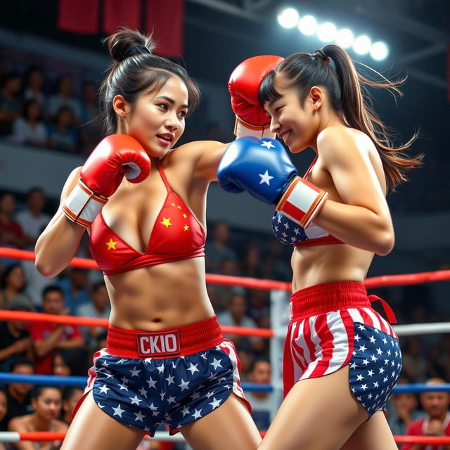 A Chinese bikini boxer in a vibrant bikini adorned with the Chinese flag, fiercely boxing against an American girl wearing a striking bikini featuring the American flag