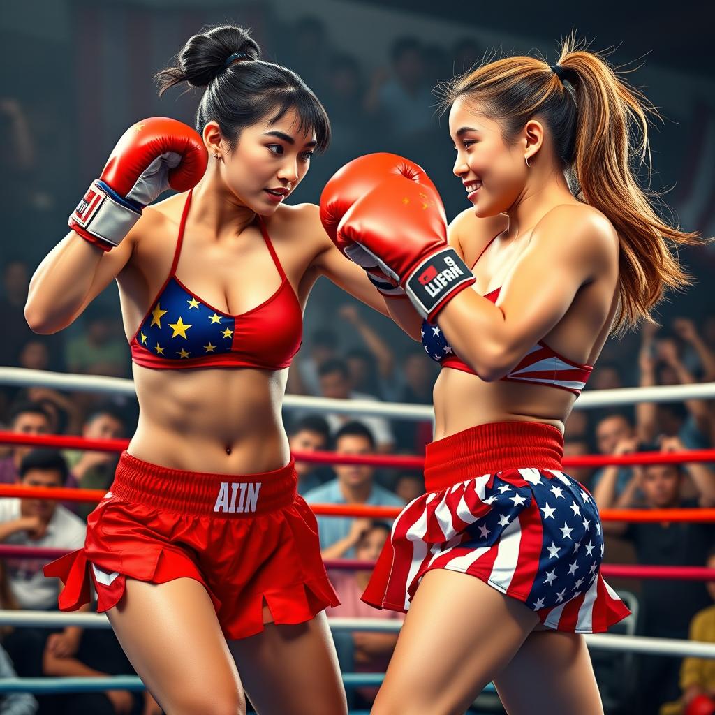 A Chinese bikini boxer in a vibrant bikini adorned with the Chinese flag, fiercely boxing against an American girl wearing a striking bikini featuring the American flag