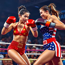 A Chinese bikini boxer in a vibrant bikini adorned with the Chinese flag, fiercely boxing against an American girl wearing a striking bikini featuring the American flag
