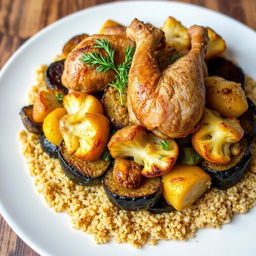 A stunning Mqlouba dish featuring layered ingredients: bulgur wheat beneath roasted eggplant, cauliflower, and potatoes, topped with succulent bone-in chicken pieces