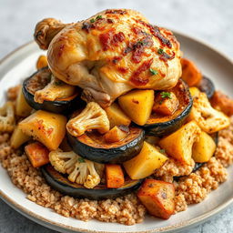A stunning Mqlouba dish featuring layered ingredients: bulgur wheat beneath roasted eggplant, cauliflower, and potatoes, topped with succulent bone-in chicken pieces