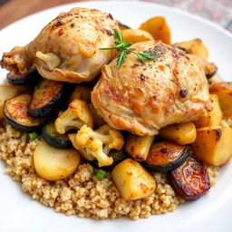 A stunning Mqlouba dish featuring layered ingredients: bulgur wheat beneath roasted eggplant, cauliflower, and potatoes, topped with succulent bone-in chicken pieces