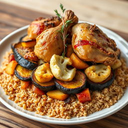 A stunning Mqlouba dish featuring layered ingredients: bulgur wheat beneath roasted eggplant, cauliflower, and potatoes, topped with succulent bone-in chicken pieces