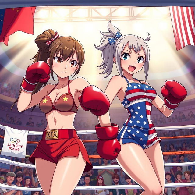 A dynamic and colorful anime scene featuring two female boxers in a boxing ring