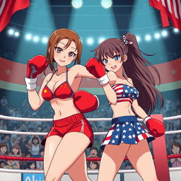A dynamic and colorful anime scene featuring two female boxers in a boxing ring