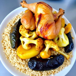 A beautifully presented platter of Muqalabha, featuring layers of cracked wheat (burghul) beneath roasted eggplant (basil), cauliflower (flowering cabbage), and potato, topped with succulent, roasted chicken pieces still on the bone