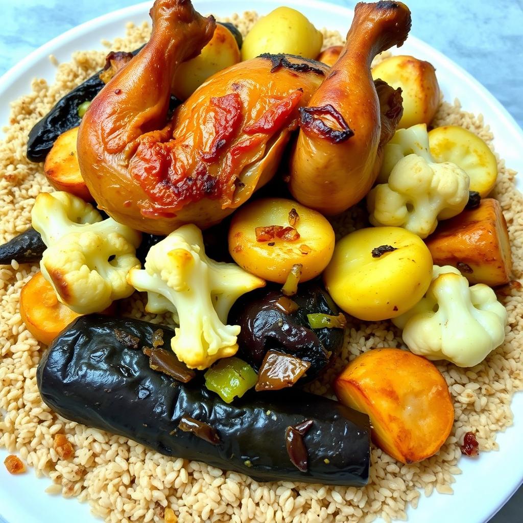 A beautifully presented platter of Muqalabha, featuring layers of cracked wheat (burghul) beneath roasted eggplant (basil), cauliflower (flowering cabbage), and potato, topped with succulent, roasted chicken pieces still on the bone