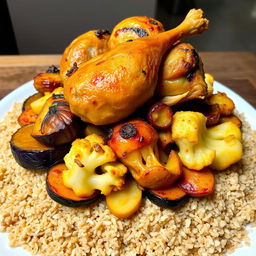 A beautifully presented platter of Muqalabha, featuring layers of cracked wheat (burghul) beneath roasted eggplant (basil), cauliflower (flowering cabbage), and potato, topped with succulent, roasted chicken pieces still on the bone