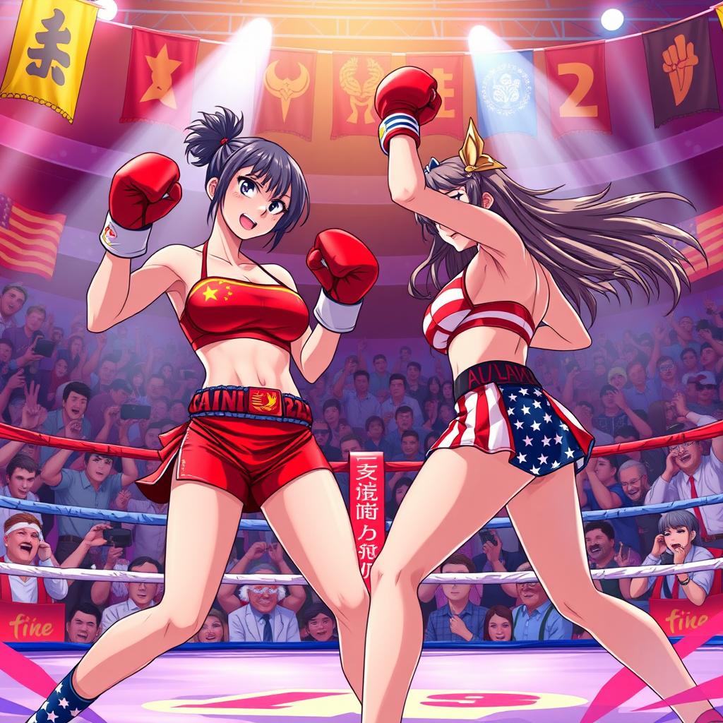 A thrilling anime-inspired scene depicting a fierce boxing match in a vibrant ring