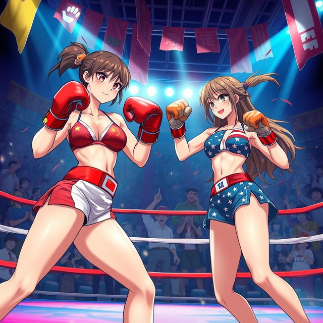 A thrilling anime-inspired scene depicting a fierce boxing match in a vibrant ring