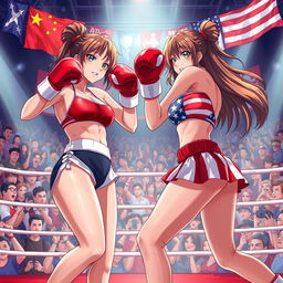 A thrilling anime-inspired scene depicting a fierce boxing match in a vibrant ring