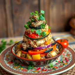 A beautiful display of a Palestinian Maqluba dish made with bulgur wheat instead of rice, showcasing the layers of ingredients such as tender lamb or chicken, vibrant vegetables like eggplant, tomatoes, and potatoes, all arranged in an artistic tower