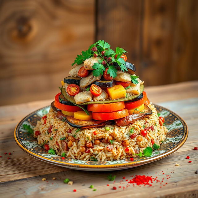 A beautiful display of a Palestinian Maqluba dish made with bulgur wheat instead of rice, showcasing the layers of ingredients such as tender lamb or chicken, vibrant vegetables like eggplant, tomatoes, and potatoes, all arranged in an artistic tower