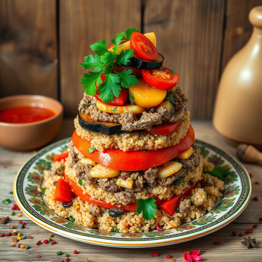 A beautiful display of a Palestinian Maqluba dish made with bulgur wheat instead of rice, showcasing the layers of ingredients such as tender lamb or chicken, vibrant vegetables like eggplant, tomatoes, and potatoes, all arranged in an artistic tower