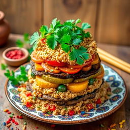 A beautiful display of a Palestinian Maqluba dish made with bulgur wheat instead of rice, showcasing the layers of ingredients such as tender lamb or chicken, vibrant vegetables like eggplant, tomatoes, and potatoes, all arranged in an artistic tower