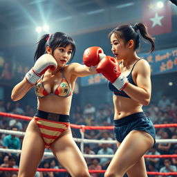 A dynamic scene depicting two young women in a boxing match