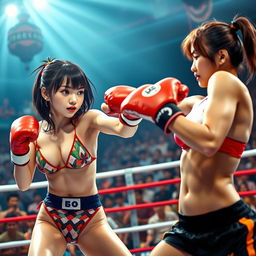 A dynamic scene depicting two young women in a boxing match