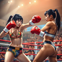 A dynamic scene depicting two young women in a boxing match