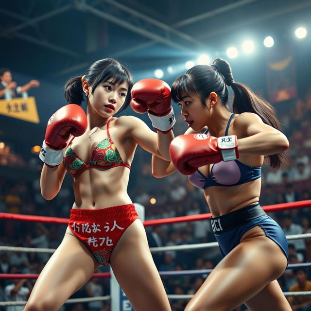 A dynamic scene depicting two young women in a boxing match