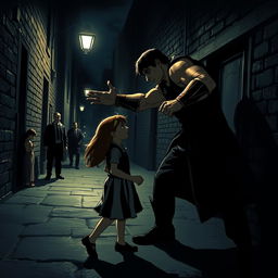 A dramatic scene depicting a strong, heroic figure intervening in a tense moment to protect a young girl from harm, showcasing themes of bravery and justice
